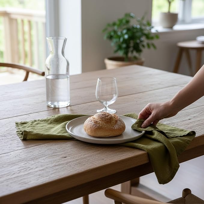 Linen Kitchen Dish Towels – 20” x 27” – 100% Pure Stonewashed Linen Hemstitch Hand Towel/Tea Towel - Set of 2 (Olive Green)
