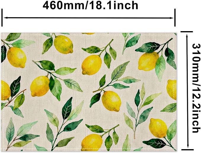 HOMETITUTE Linen Placemats Set of 4 12x18 inch Spring Table Mats for Dining Table Lemon Pattern Farmhouse Decorations Kitchen Decor Desk Mat for Outdoor Home Party Kitchen Seasonal Dining Decor