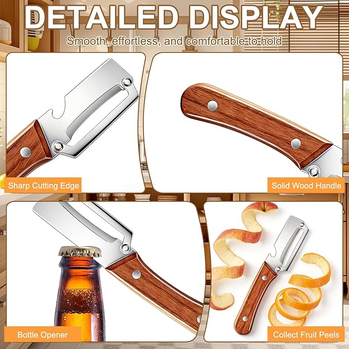 Premium Vegetable Peeler with Wooden Handle and Bottle Opener,2-in-1 Stainless Steel Kitchen Tool for Fruit Potato Zucchini Pumpkin Papaya(2 PSC)