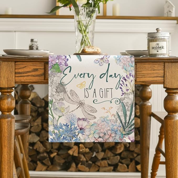 Artoid Mode Every Day is A Gift Dragonfly Hydrangea Spring Table Runner, Seasonal Summer Kitchen Dining Table Decoration for Home Party Decor 13x72 Inch