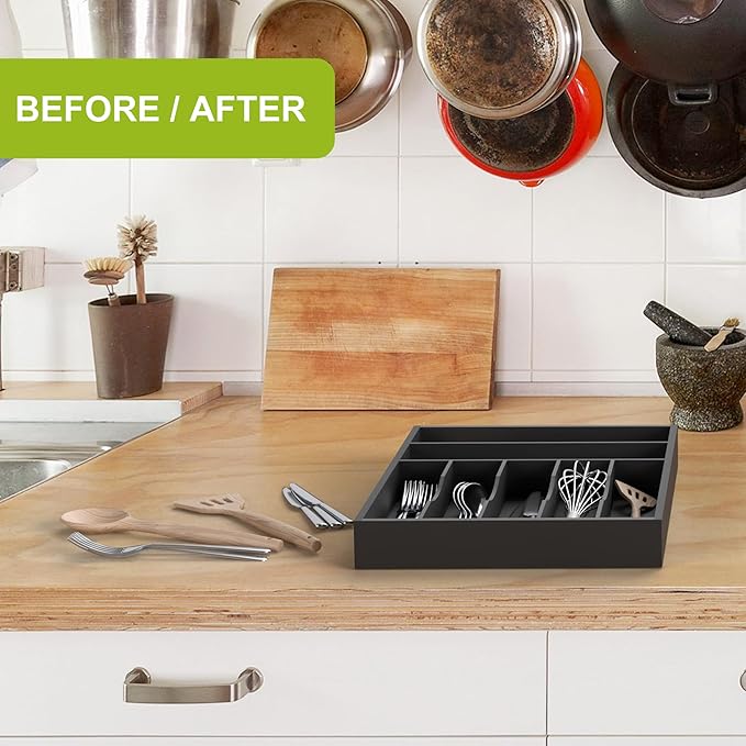 Unibambou Sliverware Organizer, Bamboo Kitchen Drawer Organizer, Flatware Organizer Tray Holder for Sliverware, Utensil & Cutlery (Black, 7 Slots)
