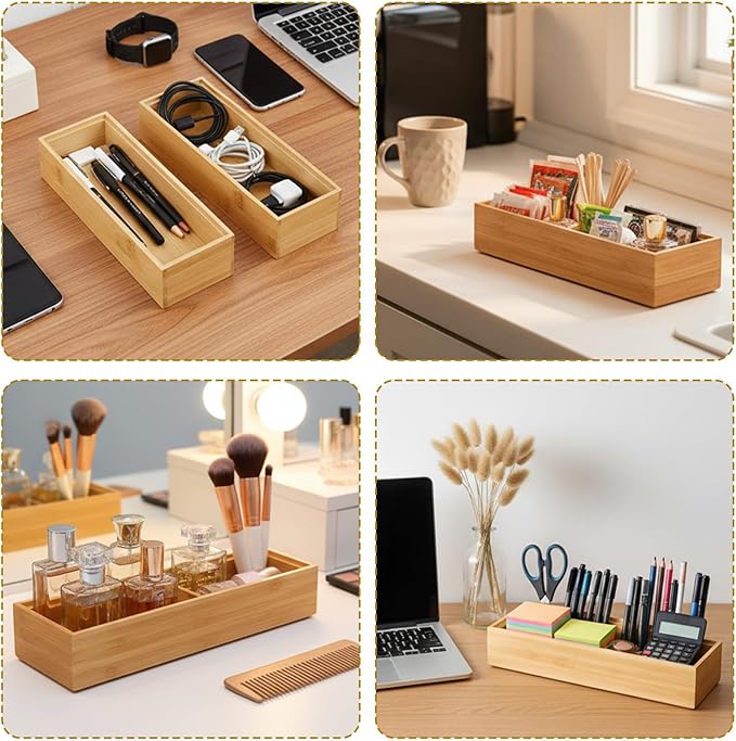 6 Pieces Bamboo Drawer Organizer, Stackable Wooden Storage Boxes for Kitchen Utensils, Silverware Tray, Junk Drawer, Dresser, Bathroom, 9 x 3 x 2 Inch