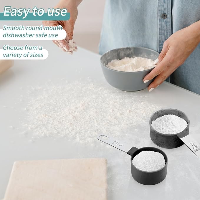 Measuring Cups Set Measuring Spoons Set, Nesting Measure Cups with Stainless Steel Handle, For Measuring Dry and Liquid Ingredients Small Teaspoon with Plastic Head (Black)