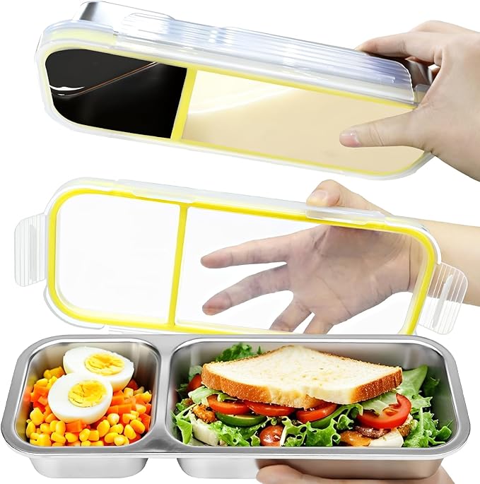 Stainless Steel Snack Containers with Lids,(2Pack) 2 Compartment Snackle Box Airtight Leakproof, Reusable Bento Box Food Storage Containers for Lunch Travel Picnics Office