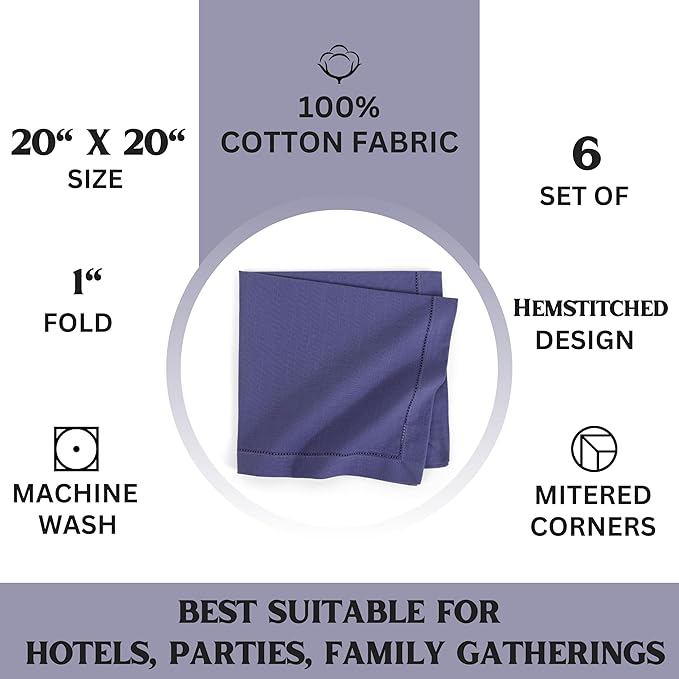 FINGERCRAFT Cloth Napkins, Hemstitched Napkins Cloth, 20 x 20 Inch Generous Picot Hem and Mitered Corner, Everyday Use Premium Quality Perfect for Parties Dinners Weddings Cocktail Set of 6 Navy