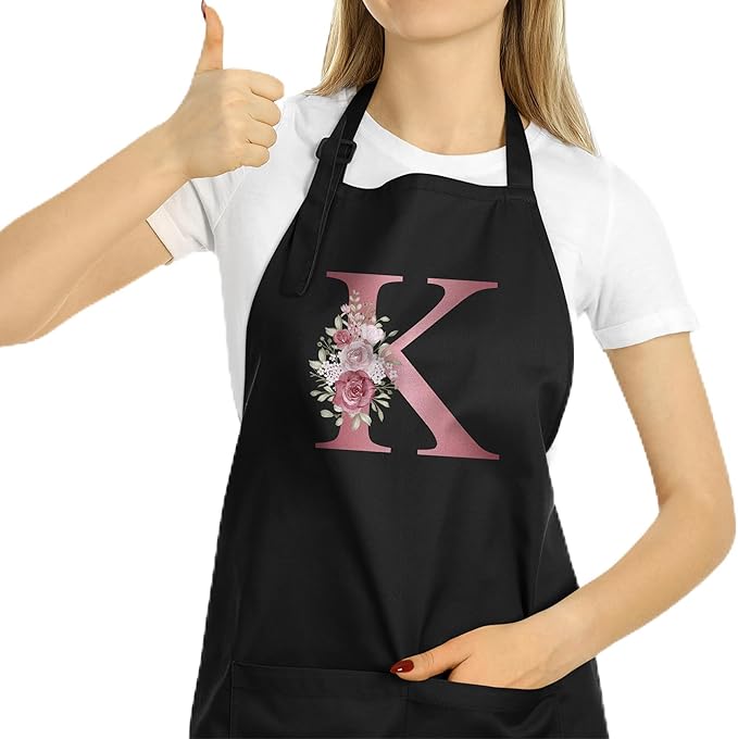 ROKO CLOTHING Personalized Initials Apron with Pockets Custom Kitchen Aprons Women for Baking Cooking Adjustable Neck Waist
