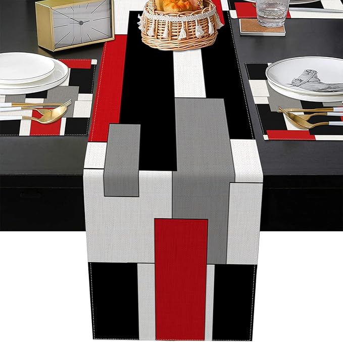 ArtSocket Geometric Table Runner and Placemats Set of 6, Red Black Grey Abstract Painting Art Dining Decor for Daily Use(1 Table Runner 72 inches Long and 6 Placemats)