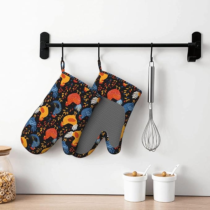 Chicken Silicone Oven Mitts Set of 2, Heat Resistant up to 500°F, Kitchen Oven Gloves with Non-Slip Grip and Soft Cotton Lining for Baking, Cooking and BBQ