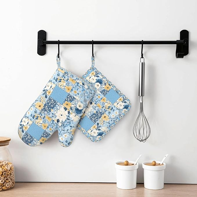 Oven Mitts and Pot Holders Floral Blue Pastel Vintage Silicone Kitchen Accessories Set of 2 Heat Resistant Long Gloves Potholder Non-Slip Grip for Chef Cooking,Baking,Grilling,BBQ