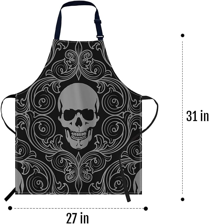 oFloral Human Skull Halloween Apron,Adjustable Neck Bib Apron for Men Women,Suitable for Kitchen Cooking Waitress Chef Apron