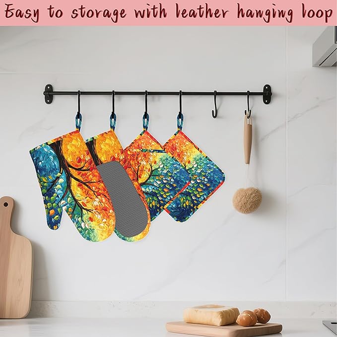 Tree of Life Silicone Oven Mitts and Pot Holders,Heat-Resistant 4 Piece Kitchen Set Non-Slip Oven Gloves and Hot Pads for Cooking, Baking, Grilling,BBQ