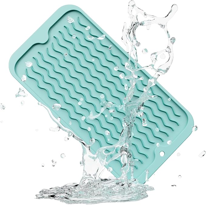 ZLR Silicone Sponge Holder & Sink Caddy Tray (6" x 12") - Narrow Dish Drying Mat for Kitchen Counter - Waterproof Soap Dispenser Organizer, Non-Slip Bathroom Vanity Tray (Mint Green)