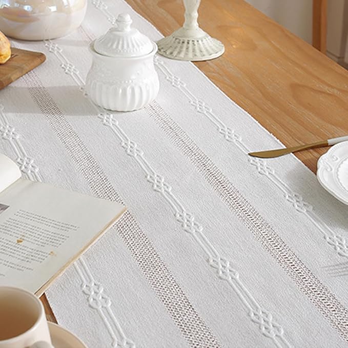 Table Runner, Boho Table Runner Cotton Linen Table Decorations, Farmhouse Table Runners with Tassels for Bohemian Wedding Bridal Shower Rustic Home Dining Table (12x72, White)