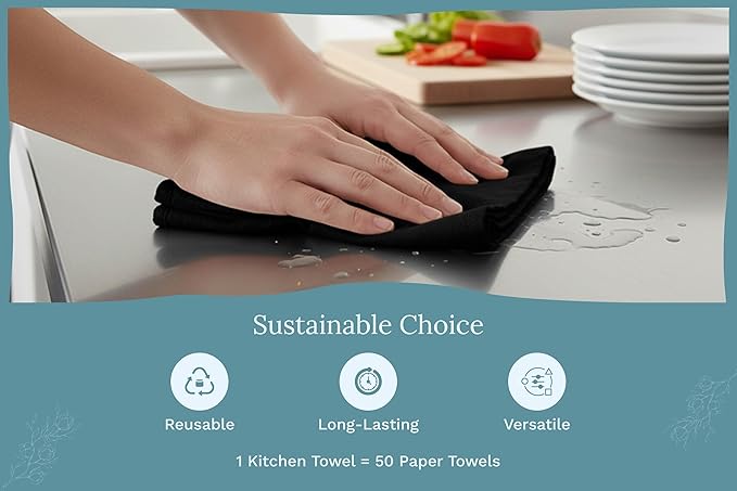 Organic Cotton Black Tea Towels - 100% Cotton, 10-Pack, Reusable and Washable Black Flour Sack Towels for Kitchen - Extra Large 27"x27", Durable Dish Towels with Hanging Loop