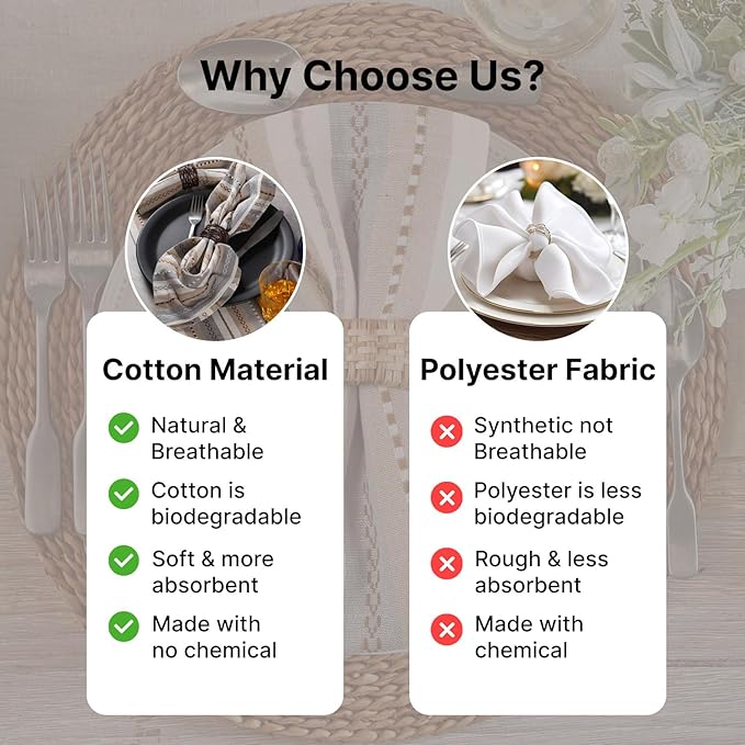 LFH Home Cotton Rich Cloth Salsa Napkin Set of 12 Washable Soft Durable Striped Table Napkins for Dining Wedding Daily Use Reusable Eco-Friendly Fabric Napkins (18x18)-Cream Multi Thanks Giving