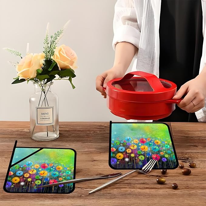 Pot Holders for Kitchen Heat Resistant Pot Holders,Abstract Floral Watercolor Painting Set of 2 Oven Hot Pads for Cooking Baking BBQ Gifts for Women Men
