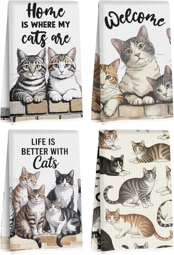 Jztco 4 Pcs Cute Cat Kitchen Towels 24x14 Inch, Cats Gifts Absorbent Hand Tea Towel, Microfiber Dish Cloths for Drying Dishes, Waffle Dish Towels for Kitchen Home Decor, Cat Lover Gifts for Women Mom