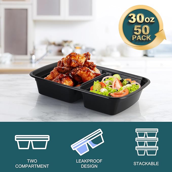 WGCC Meal Prep Containers 2 Compartment- 50Pack 30OZ Food Prep Containers With Lids, Disposable To Go Food Containers, Take Out, Stackable, Leakproof & Food Safe, Microwave, Freezer, Dishwasher Safe