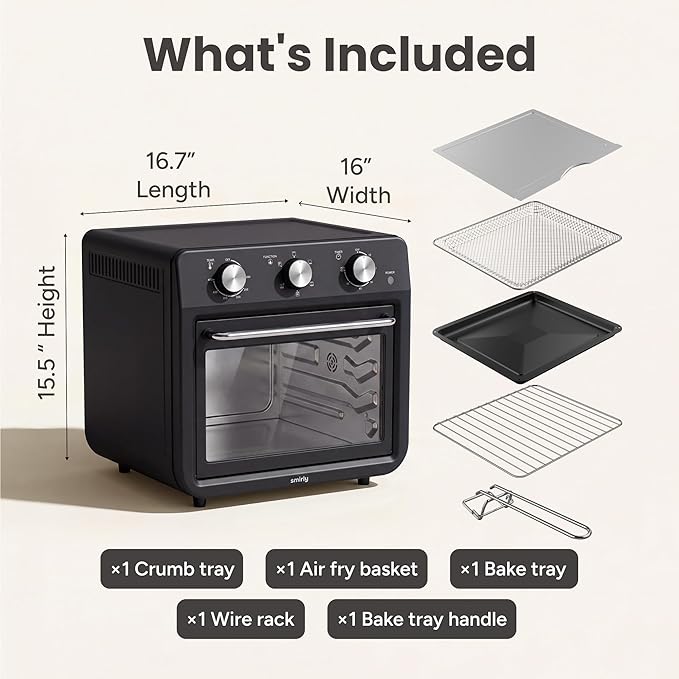 SMIRLY 6-in-1 Air Fryer Toaster Oven Combo, 27QT Convection Oven Countertop, 60 Min Timer, 1800W Oven for Toast, Roast, Bake, Reheat, Broil, Warm, Fits up to a 5 lb Turkey, 12" Pizza, 8 Toast, Black