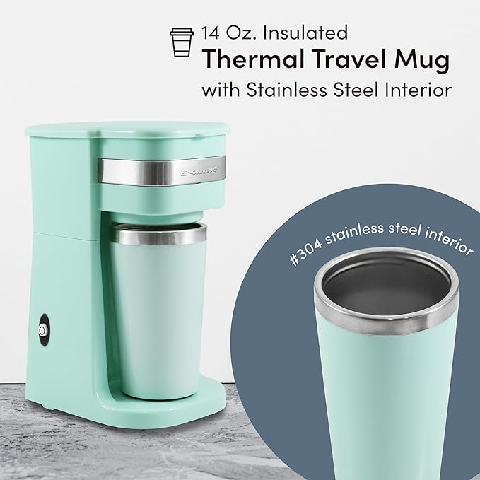 Elite Gourmet EHC113M Personal Single-Serve Compact Coffee Maker Brewer Includes 14Oz. Stainless Steel Interior Thermal Travel Mug,Compatible with Coffee Grounds,Reusable Filter,Mint,(Pack of 6)