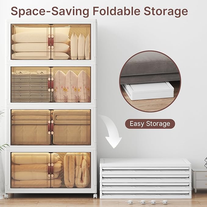 UAMFURI Stackable Storage Bins with Lids, 720QT Closet Organizers, Lockable Storage Cabinet，Foldable Storage Box with Doors and Wheels, Plastic Drawers for Home, Garage, Office (4, White, Extra Large)