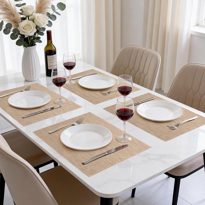 Timeet Placemats Set of 6, Heat Resistant Non-Slip Place Mats, Durable Washable PVC Vinyl Woven Table Mats, Linen Textured Table Placemats for Dining Kitchen Resistant Easy to Clean(Brown)