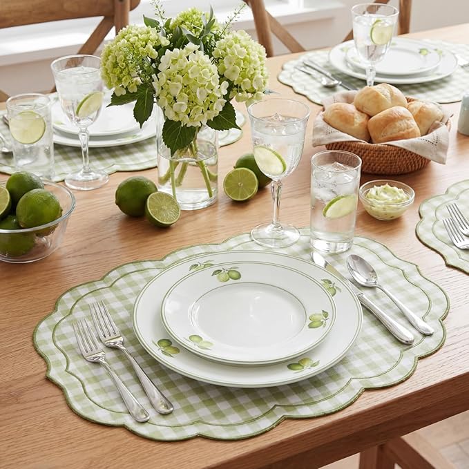 Breling Set of 6 Green Gingham Placemats Scalloped Embroidered Cotton Linen Placemats 17" x 13" Double Layered Machine Washable Table Place Mat for Wedding Birthday Baby Shower Party Table Decor