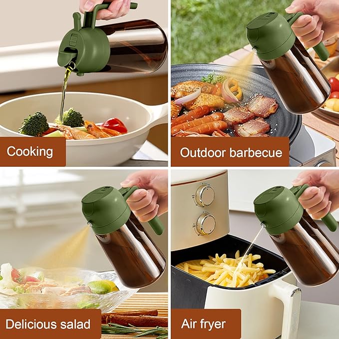 YARRAMATE 2Pcs 16oz/470ml Dark Brown Oil Sprayer for Cooking with Stickers, Food-grade Premium 2 in 1 Olive Oil Dispenser Bottle for Kitchen Gadgets, Air Fryer, Salad, Frying, BBQ (Black&OliveGreen)