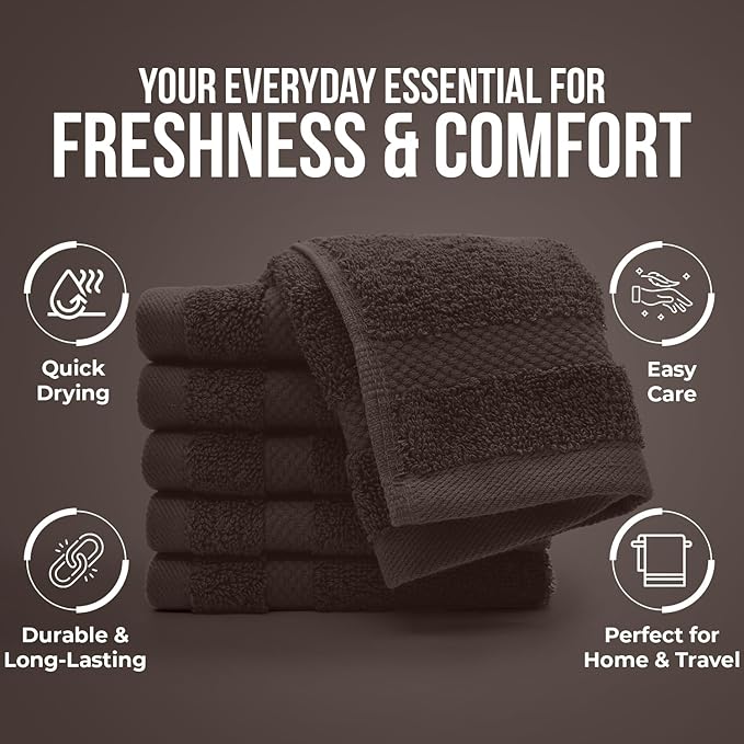 DAN RIVER 12-Pack Premium 100% Cotton Brown Face Towels for Bathroom - Reusable Face Wash Cloths for Showering 12x12 Inches - 550 GSM Super Soft & Absorbent Luxury WashCloths for Body, Spa & Gym