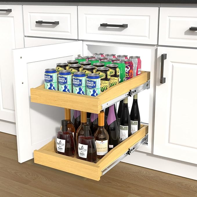 2 Tier Pull Out Cabinet Organizer, 14"W x 21"D Solid Wood Heavy-Duty Base Bottom Assembly Slide out Drawer Shel Cabinet Organization for Kitchen, Pantry, Bathroom