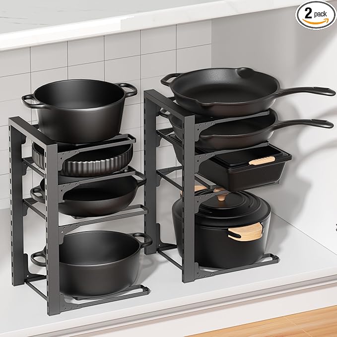 MUDEELA 2 Pack Pots and Pans Organizer under Cabinet, 4-Tier Heavy Duty Pan Organizers inside Cabinet Kitchen Storage, Adjustable Pot Rack Holds up to 44 LB Cast Iron Skillets Shallow Cookware