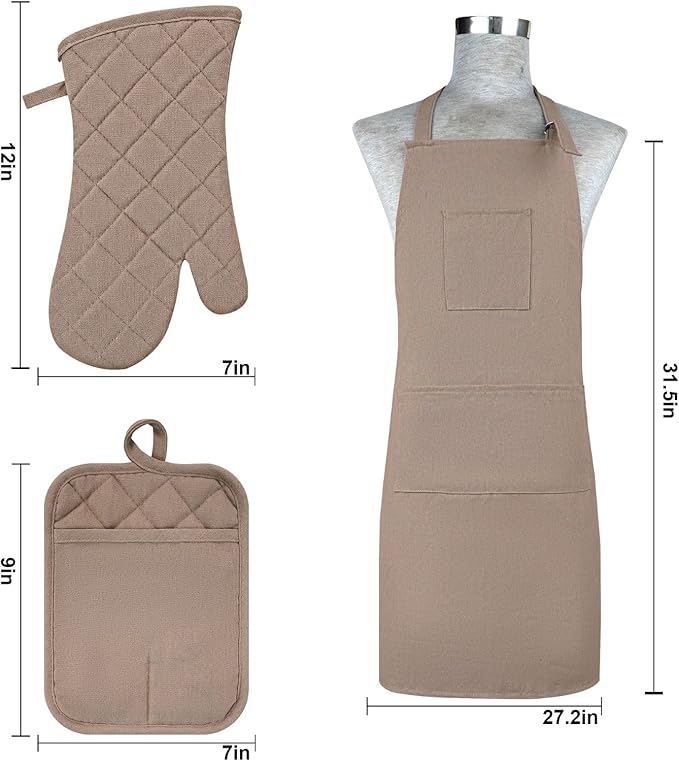 Oven Mitts and Pot Holders with Cooking Apron Set of 5, Heat Resistant Kitchen Gloves and Silicone Non-Slip Potholders, Adjustable Neck Buckle Chef Apron, Cotton Nice Design for Cooking (Coffee)