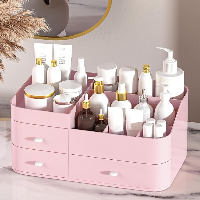 MIUOPUR Makeup Organizer for Vanity, Large Capacity Desk Organizer with Drawers for Cosmetics, Lipsticks, Jewelry, Nail Care, Skincare, Ideal for Bedroom and Bathroom Countertops - Large Pink