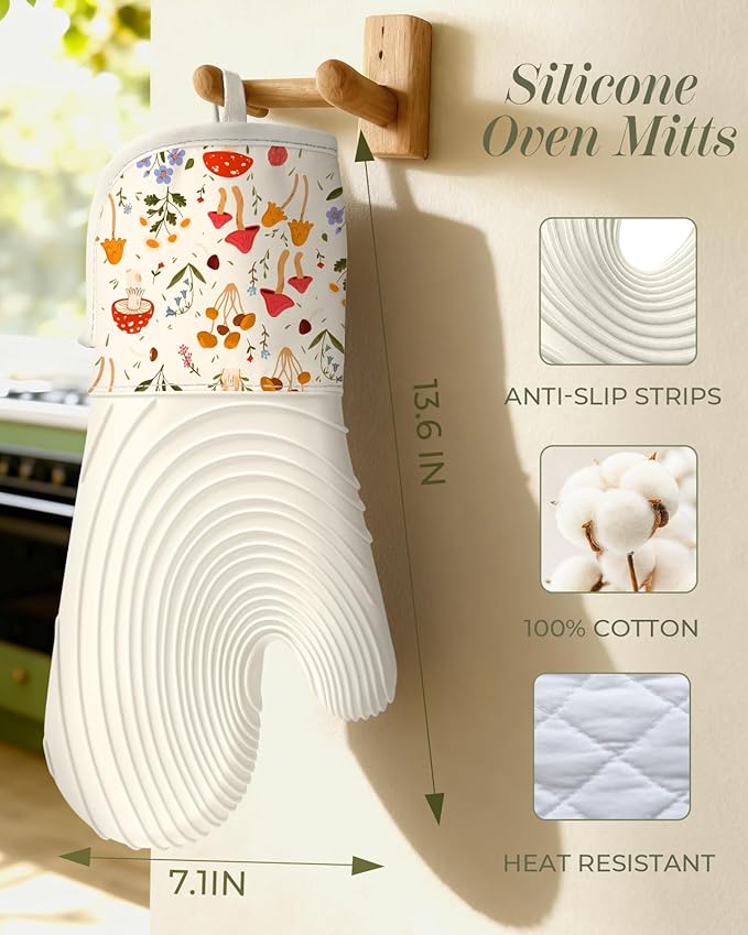 Slohif Long Silicone Oven Mitts Heat Resistant for Women - 2 Pcs Mushroom 100% Cotton Oven Gloves, Non-Slip and Waterproof Silicone Oven Mitts with Hanger for Baking and Cooking