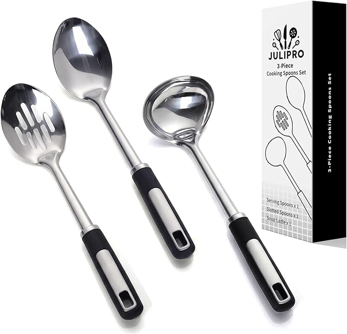 Stainless Steel Cooking Spoons Set – Includes Slotted Spoon, Serving Spoon & Soup Ladle, Heat-Resistant, Dishwasher Safe, Ergonomic Handles for Home & Commercial Use