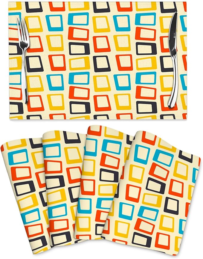 Retro Placemats Set of 4, Mid Century Modern Dining Table Place Mats, Washable Heat Resistant Table Mats for Kitchen Dinner Holiday Party Home Decor 12x18 Inch