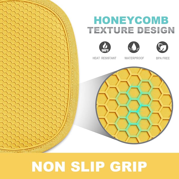 2-Pack Silicone Pot Holders for Kitchen Heat Resistant up to 500°F, Non-Slip Large Hot Pads with Pocket, Quilted Liner Trivets for Countertops Hot Pots and Pans (Yellow)