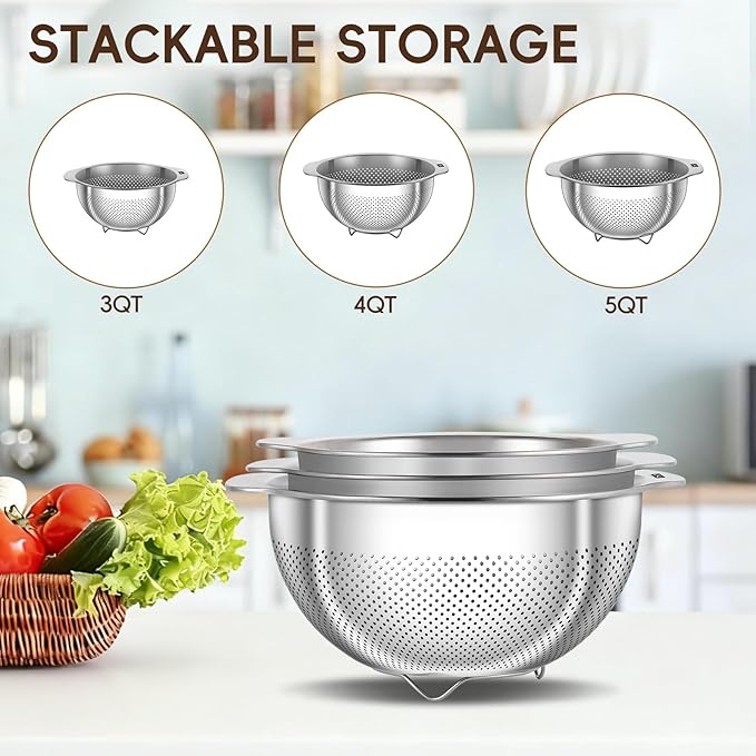 GOLDEN KEY 3Pcs Stainless Steel Colander Set for Kitchen - 3QT/4QT/5QT, Multi-Size Strainer for Draining Pasta, Washing Vegetables, Straining Hot Foods & Grease, Nesting Storage, Dishwasher Safe