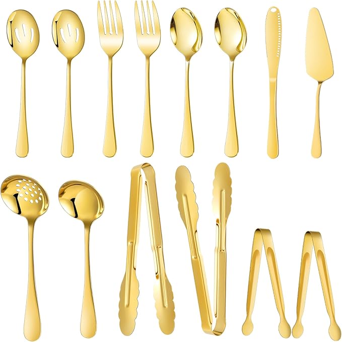 Mwellewm 14Pc Serving Utensils,Gold Stainless Steel Serving Spoons for Buffet,Fork,Tongs,Slotted Spoon,Cake Pie Server,Soup Spoon,Metal Silverware Banquet Cutlery Set for Parties Entertaining Catering
