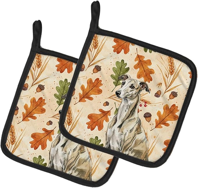 Caroline's Treasures Brindle Whippet Heirloom Fall Pair of Pot Holders Pair 7.5x7.5 Quilted Insulated Hot Pads Decorative Kitchen Gift Made in USA