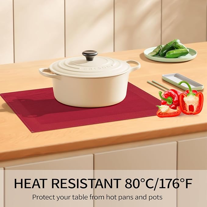 Red Placemats Set of 4, 12x18 Inch Heat-Resistant Washable Easy to Clean Place Mats, Faux Linen Cloth Table Mats Suitable for Indoor/Outdoor Parties & Kitchen Decor (Red)