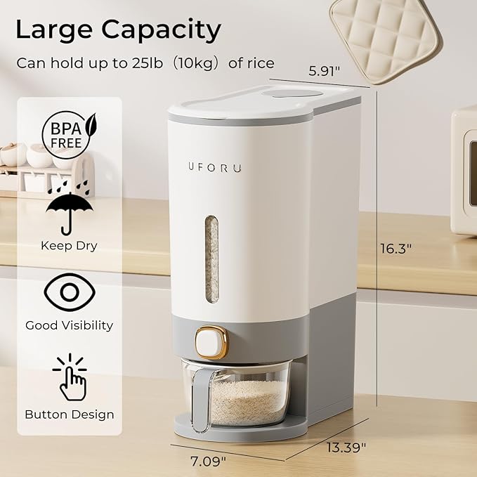 Rice Dispenser, Rice Storage Container with Measuring Cup for Kitchen Pantry Household, Cereal Dry Food Storage Containers Airtight, Sealed Moisture Proof, (Gray 22 Lbs)