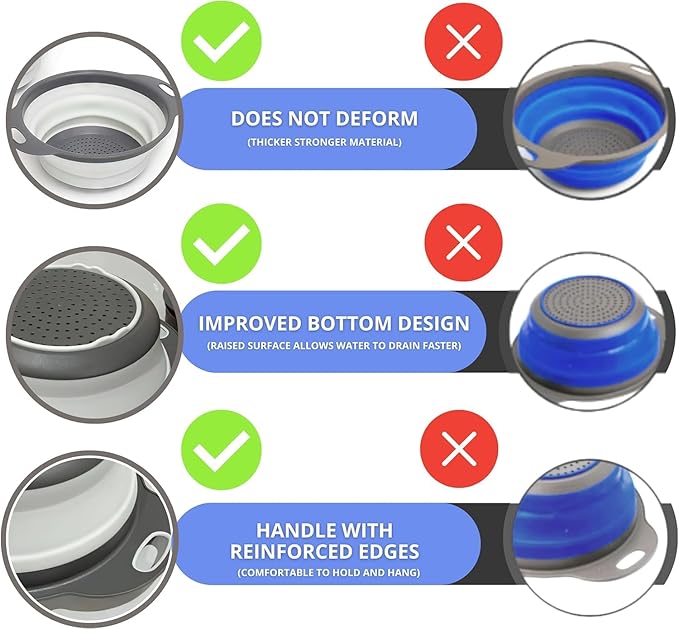 White Round Silicone Collapsible Colander – Silicone Round Kitchen Strainers with Plastic Handles Small Foldable Kitchen Strainer Perfect for Draining Pasta Vegetable and Fruit