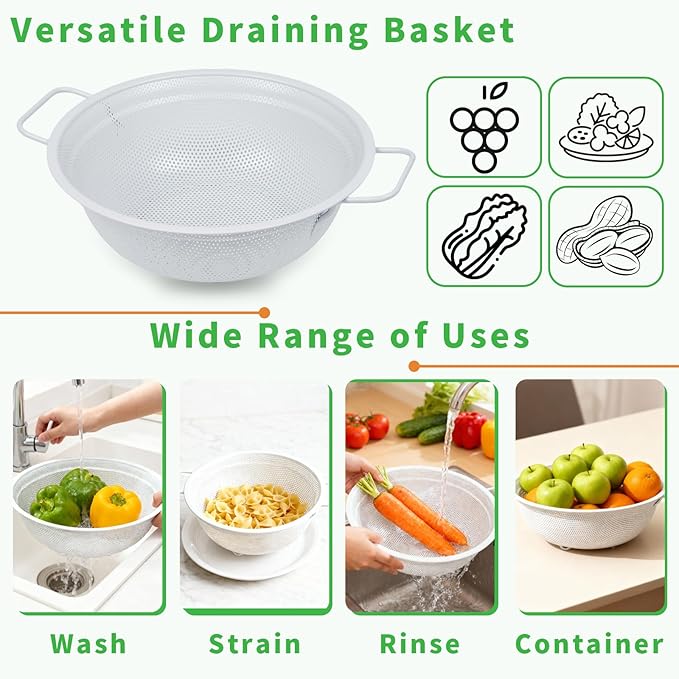 Colander Set with White Coating, Stainless Steel Micro-Perforated Colanders Strainers for Draining Rinsing Washing, Ideal for Vegetables Fruits, Heavy Duty & Dishwasher Safe