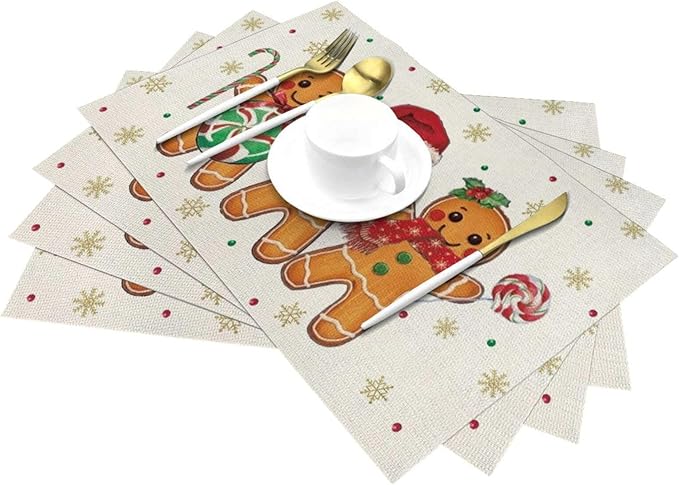 Christmas Place mats Set of 4,12x18 Inches Brown Gingerbread Man Decorative Christmas Decor Placemats Rectangle Winter Table Mats for Party Home Kitchen Dining Table Decoration