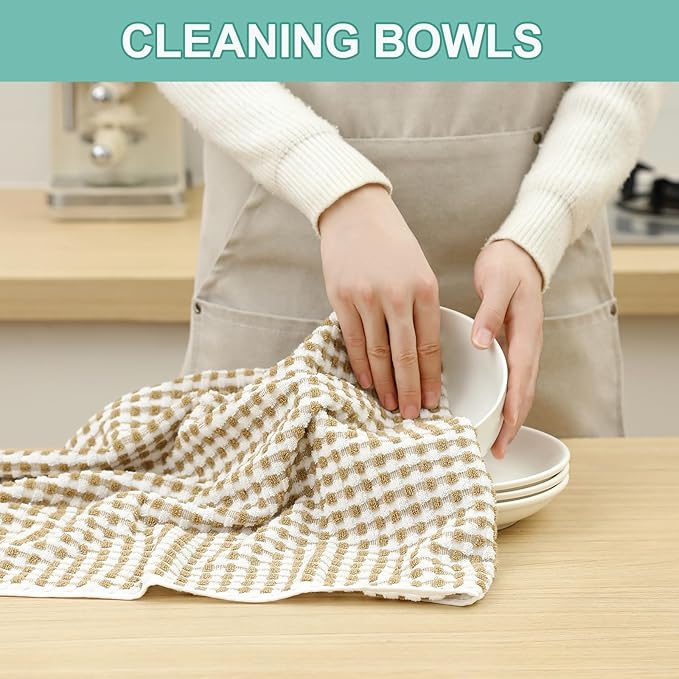 SALAS Cotton Dish Towels Cloths for Kitchen Drying Dishes, Lattice Terry Towels, Highly Absorbent Kitchen Cloths with Hanging Loop, 16‘’ x 26‘’,4 Packs, Beige