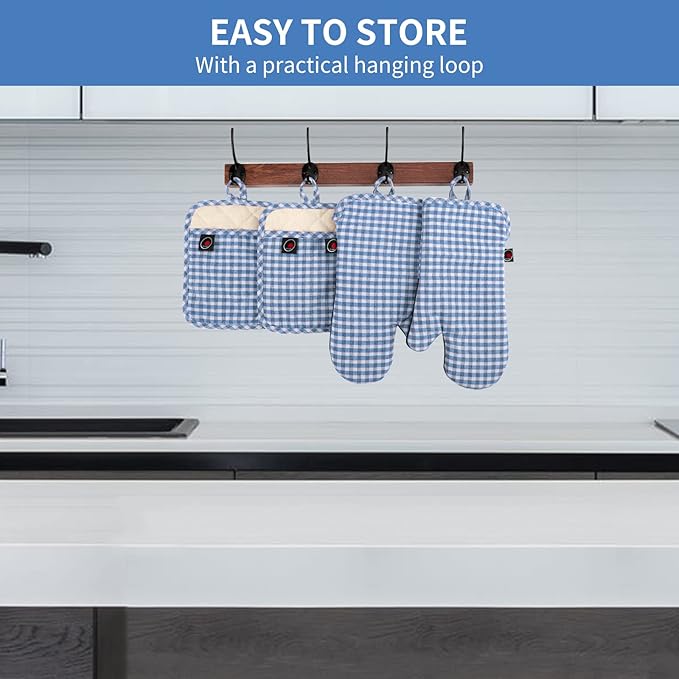 Oven Mitts and Potholders Gloves-Oven Mitts and Pot Holders (Blue Grid)