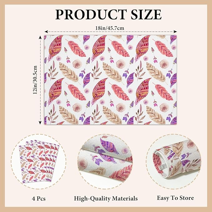 Cotton Linen Waterproof Placemats Set of 4, Feathers Leaves Dining Mat Table Mats Decor Fabric for Kitchen Dinner Coffee Shop Table, Indoor/Outdoor Washable Wipeable Placemat -N024