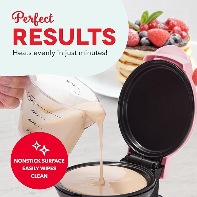 Dash Mini Maker Griddle - Compact Griddle for Creative Homemade Treats - PTFE nonstick surface, Quick Heat-Up System & Space-Saving Design - Pink
