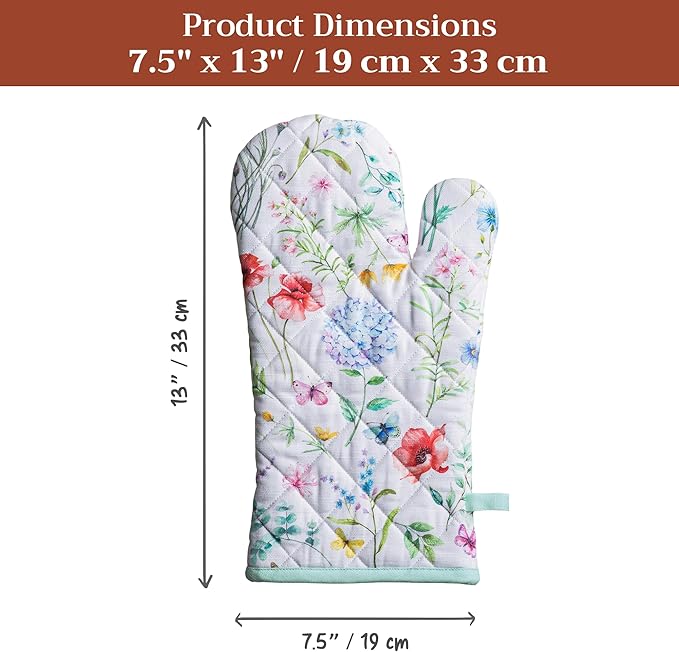 Maison d'Hermine Oven Gloves 100% Cotton Oven Mitt 7" x 13" with Loop Heat Resistant BBQ Cooking Gloves Baking Grilling Gifts for Mothers Day Spring/Summer (Pack of 1, Just Floral)